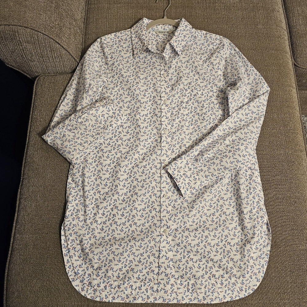 Orvis White Blue Floral Button Casual Coastal Longline Top Tunic Size 12